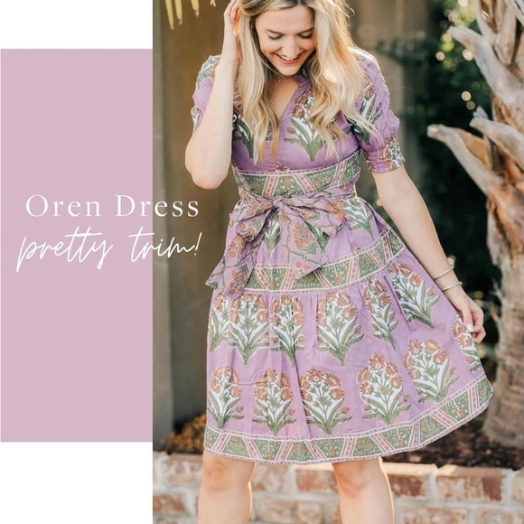 Victoria Dunn Oren Dress Pink Green Floral Block Print Ruffled V Neck Sz S NEW - Picture 2 of 9